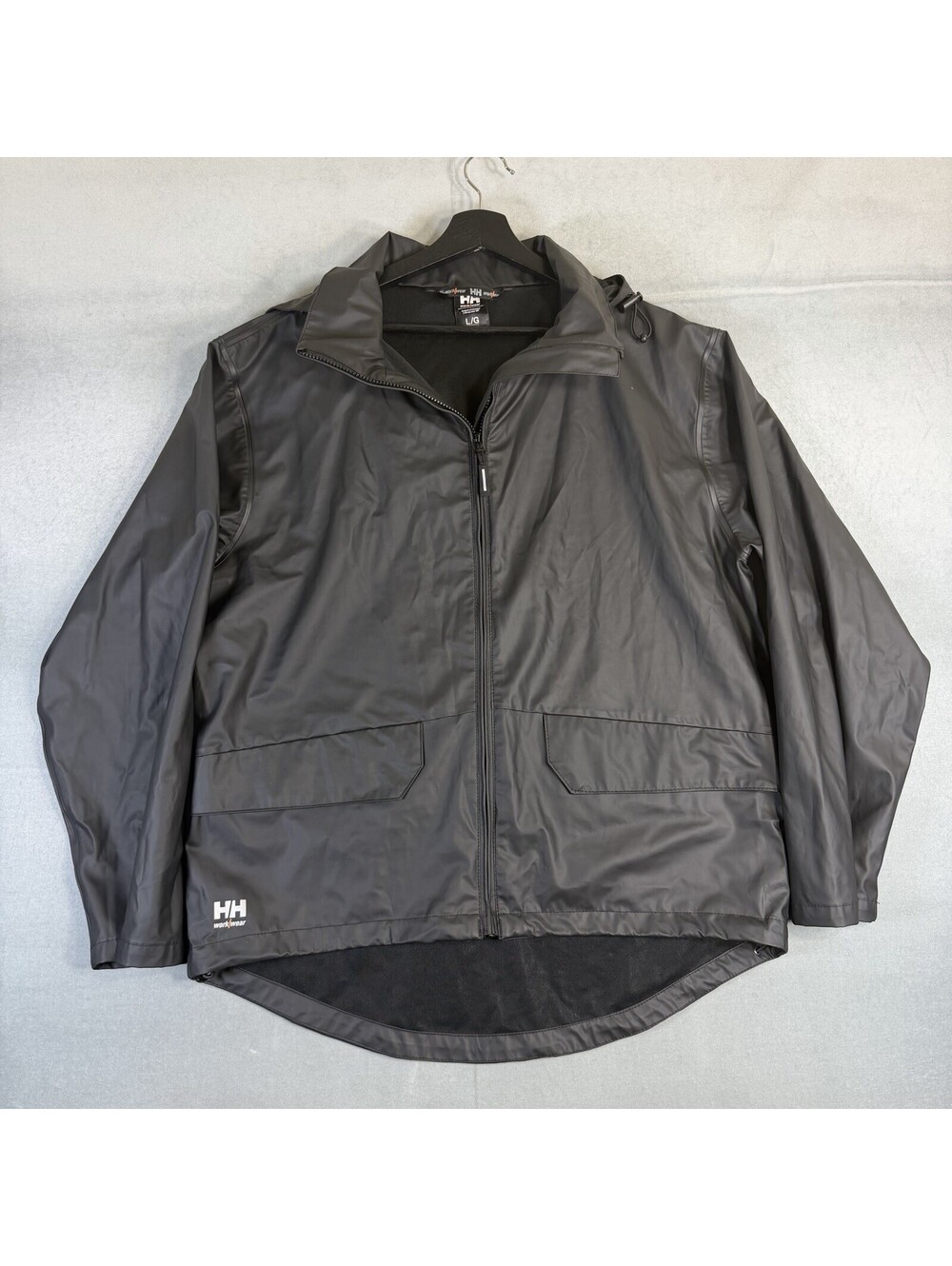 Helly Hansen Workwear Rain Jacket Mens Large Black Voss HH Waterproof PU Hooded